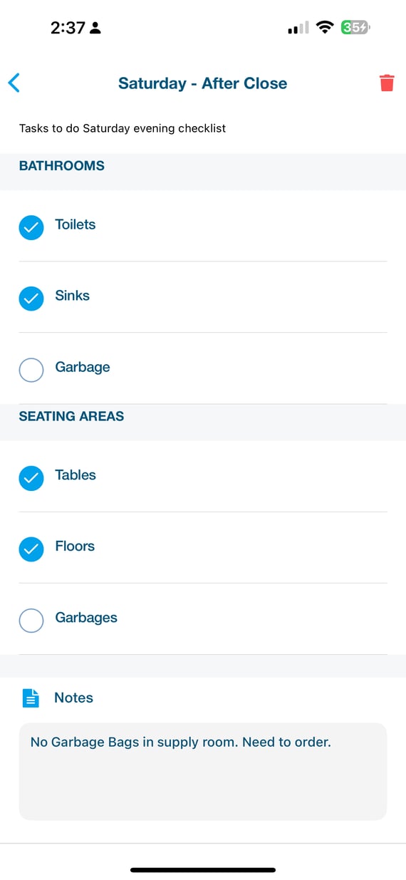 Checklist view for clenaer